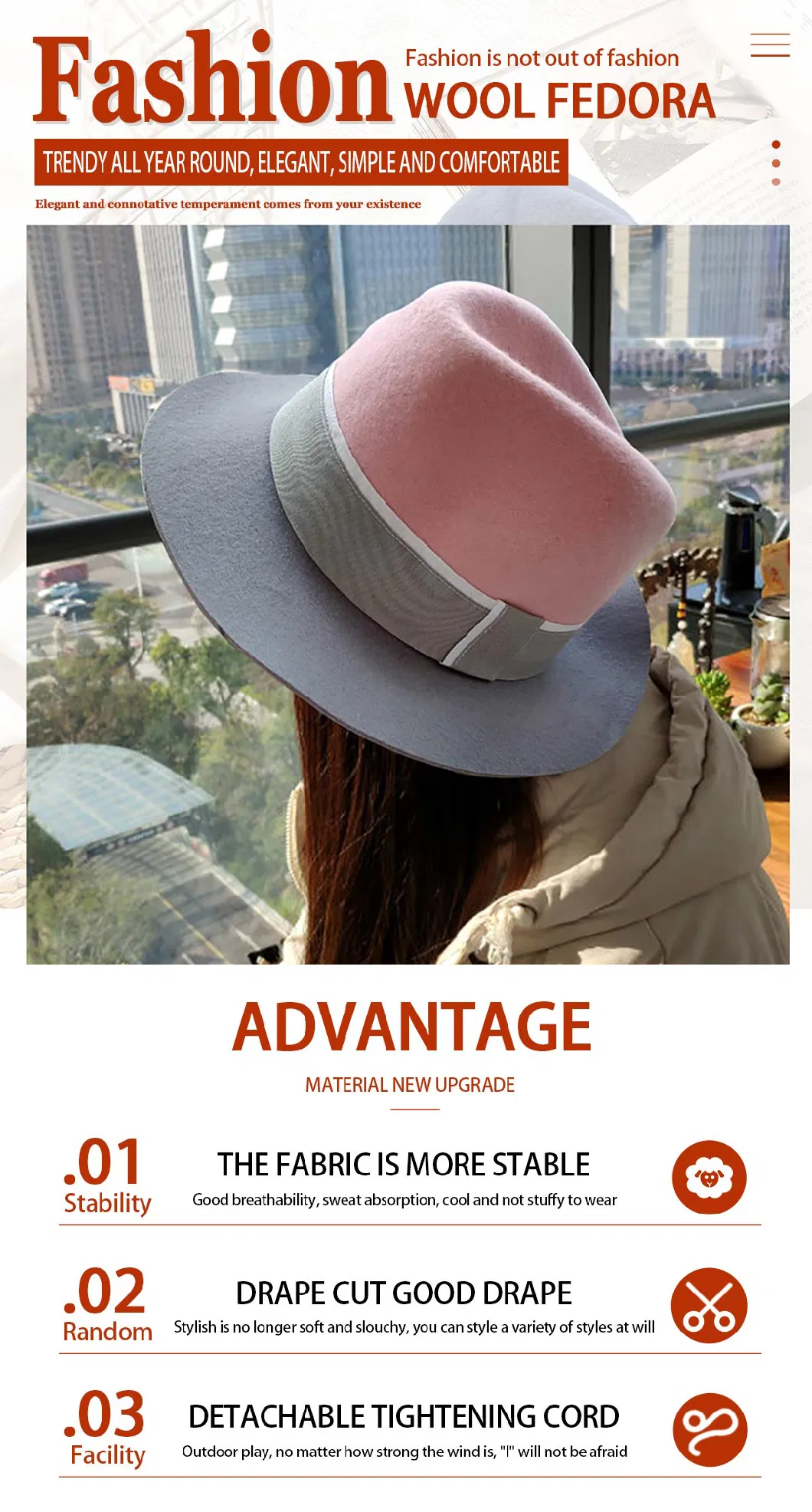 Custom Wholesale Fashion Wool Fedora Hat Polyester Felt Wide Brim Fedora Hats