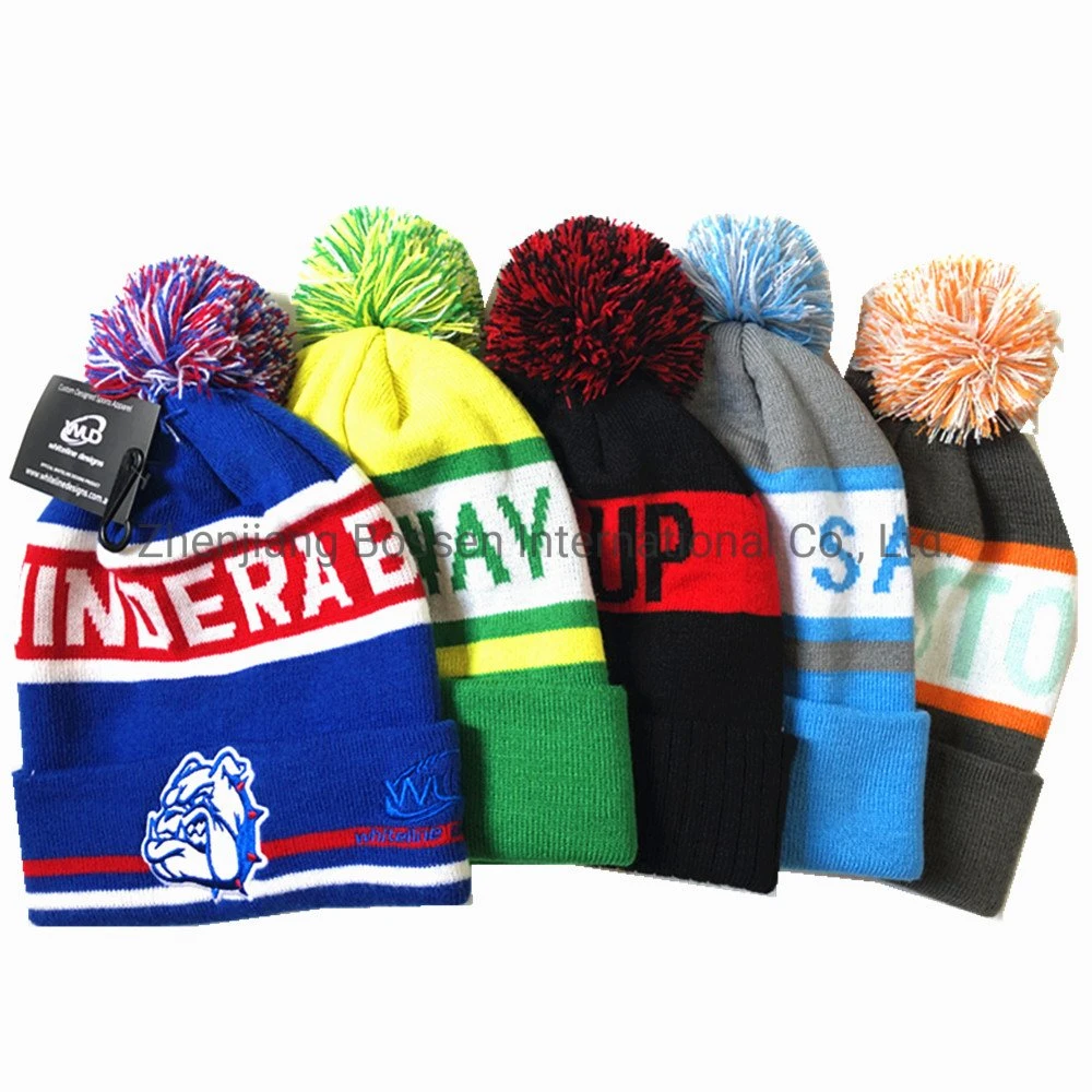 China Supplier OEM Customized Logo Jacquard Embroidered Winter Snowboard Ski Sports Acrylic POM POM Knitted Beanie Hat