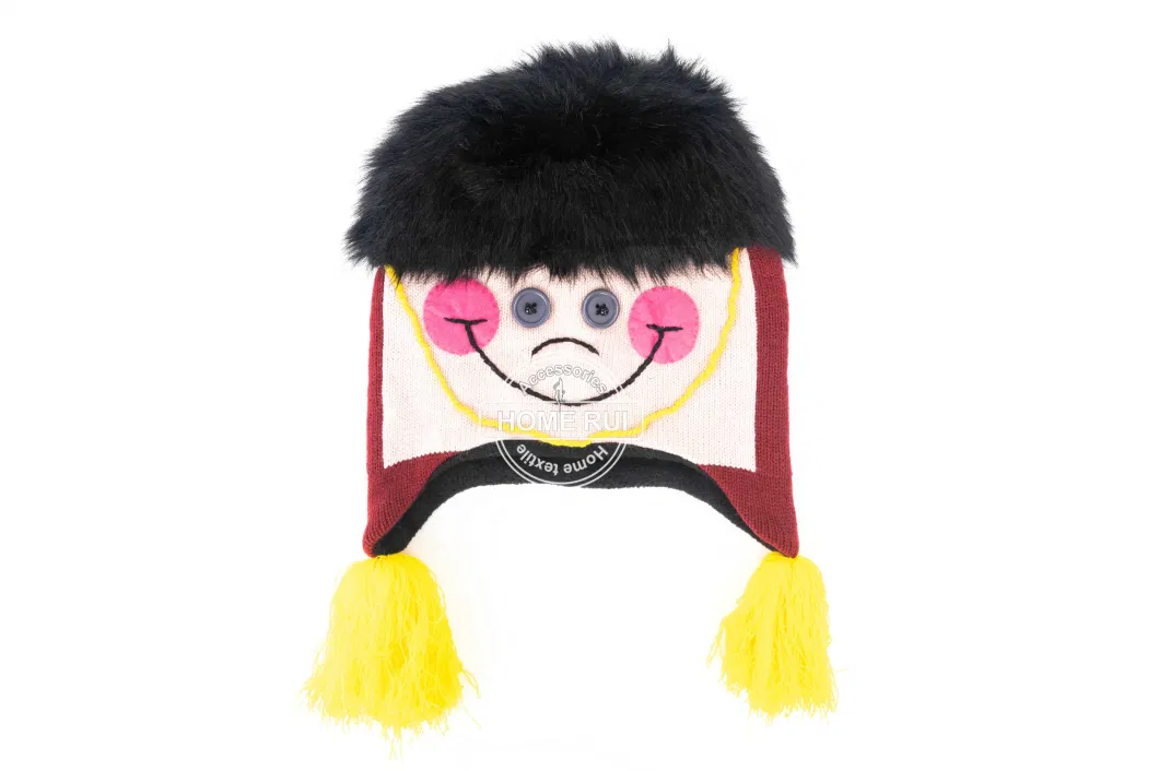 Kids Boy Children Warm Soft Slouchy Wine Black Knitted embroidery Monster Design Fur Hair Fleece Lining Earflap Bonnet Casual Beanie Tssels Earflap