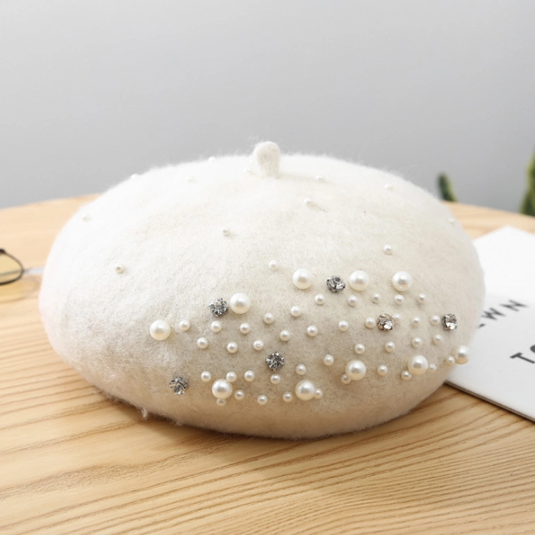 Wholesale Custom Women High Quality Beret Hats Beaded Rivet Plain Dyed